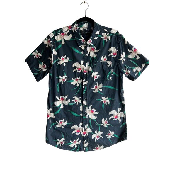 Pacsun Men's Button Up Shirt Hawaiian Tiki Oasis Camp Floral Black Size Medium - Picture 1 of 6
